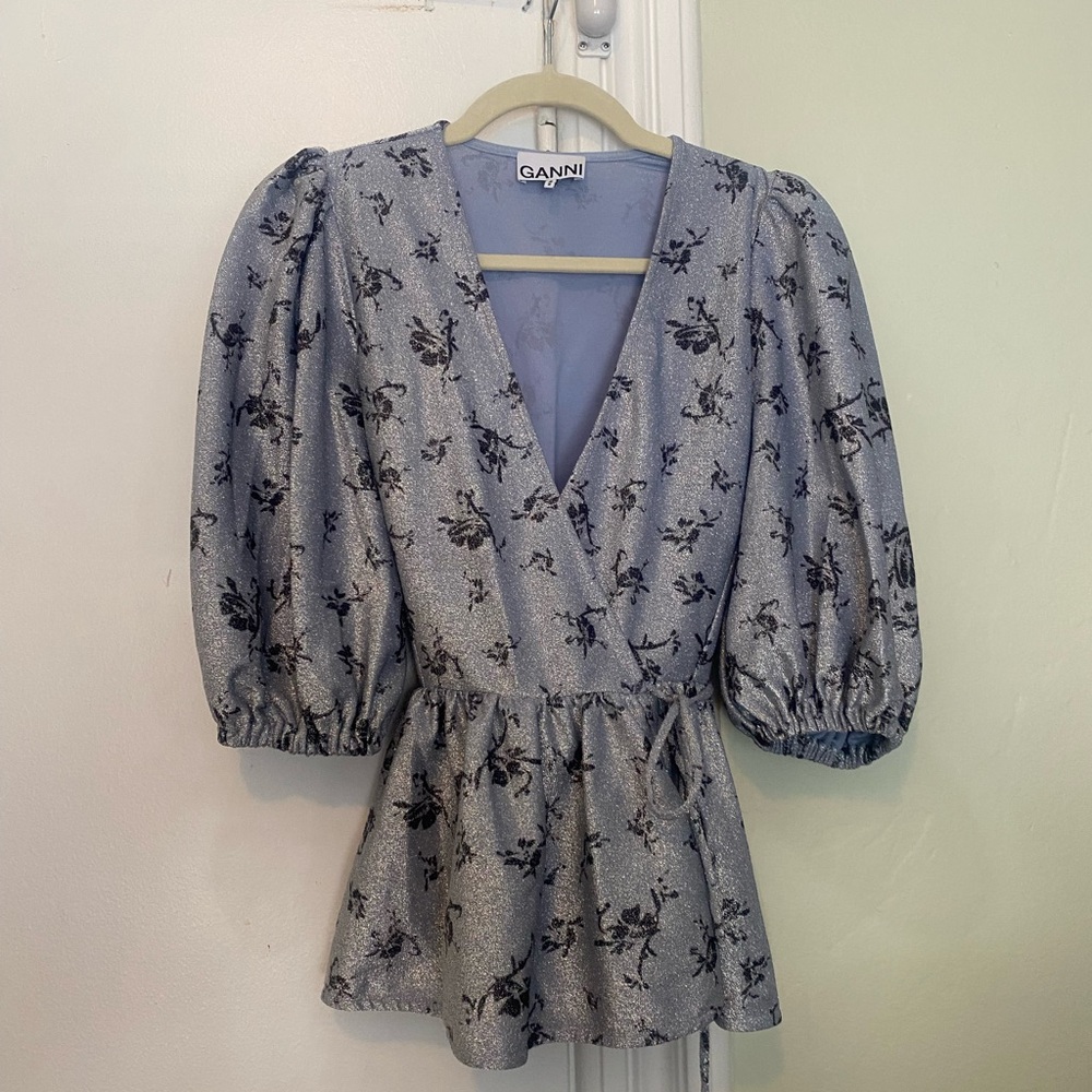 Ganni Blue Puff Sleeve Wrap Blouse